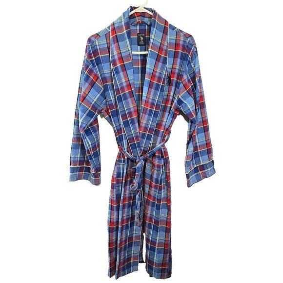 US Polo Assn Logo Robe Men Multicolor Plaid Red Blue 100% Cotton Pocket Size S/M - Picture 1 of 16
